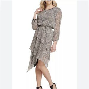 DKNY Long Sleeve Cream and Black Leopard Print Dress SIZE LARGE